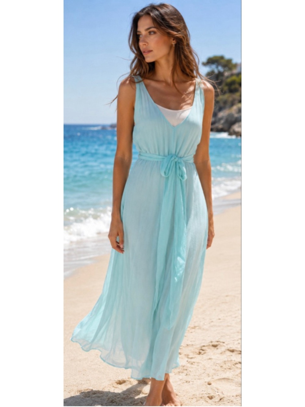 Italian POMANDÈRE Light Turquoise Maxi Silky Dress Size 8